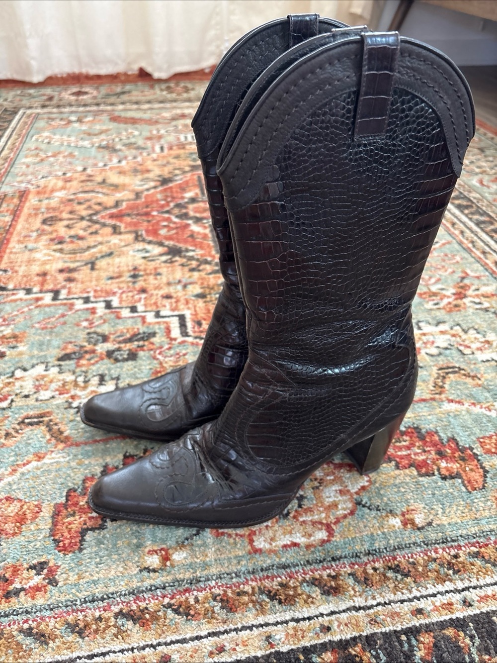 Stuart Weitzman Vintage Croc Embossed Leather Cowboy Boots 10 M
